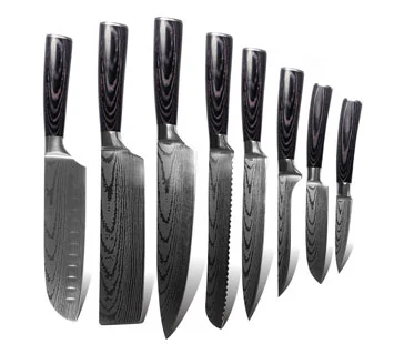 8 Pcs Damascus Kitchen Knives Set With Pakka Wood