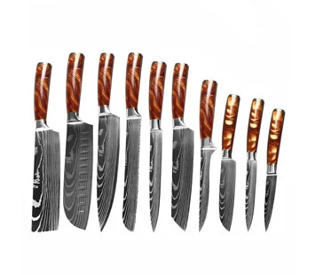 10 Pcs Damascus Kitchen Knives Set With Pakka Wood